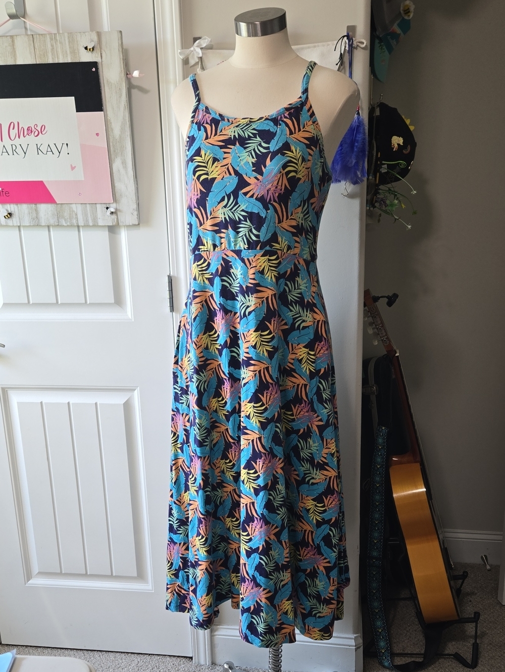 Pact Tropical Leaf Print Midi Dress in Navy with Teal, Coral, Yellow